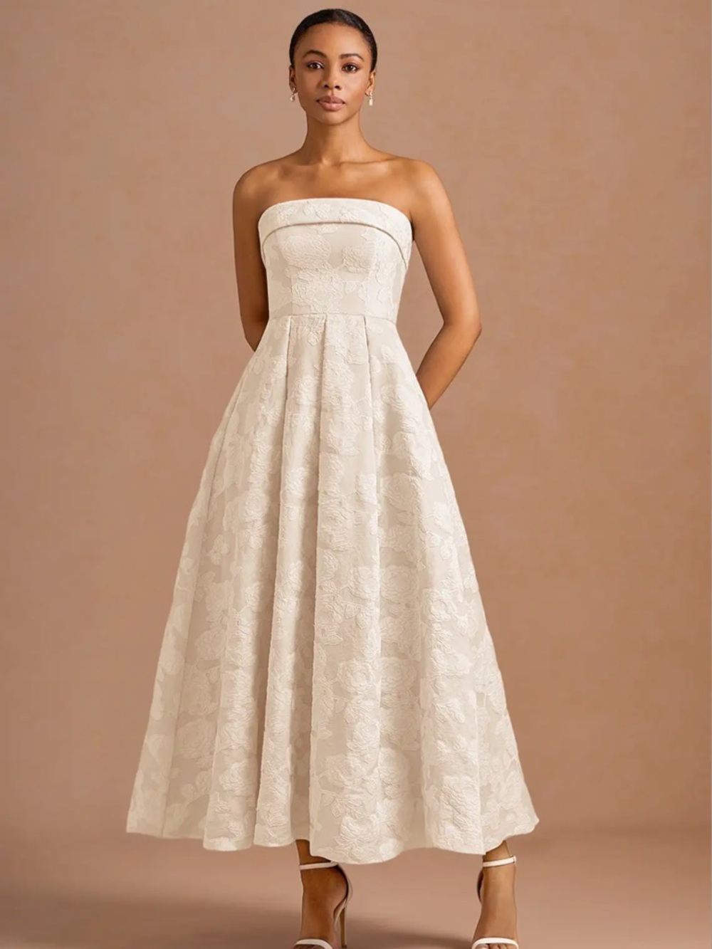 Azazie Clementine Cream Maxi Dress - Strapless Floral Jacquard Tea-Length